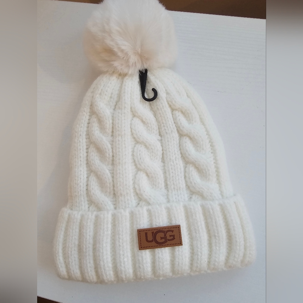 UGG White Cable Knit Beanie with Pom-Pom